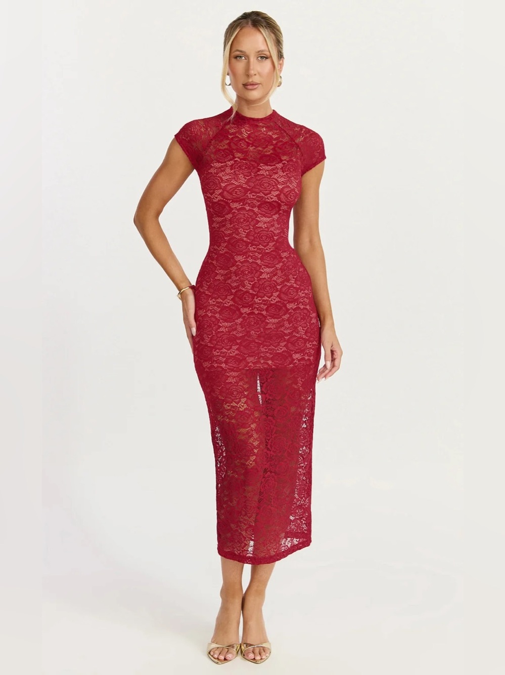 Showpo Emma Wine Lace Bodycon Midi Dress – XS